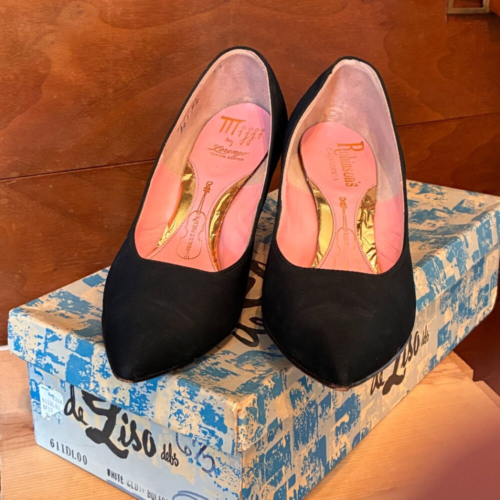 Vintage Pinup Women's 6.5 Black Cocktail Party Heels 1960s Boudoir Heels Retro - Picture 13 of 15